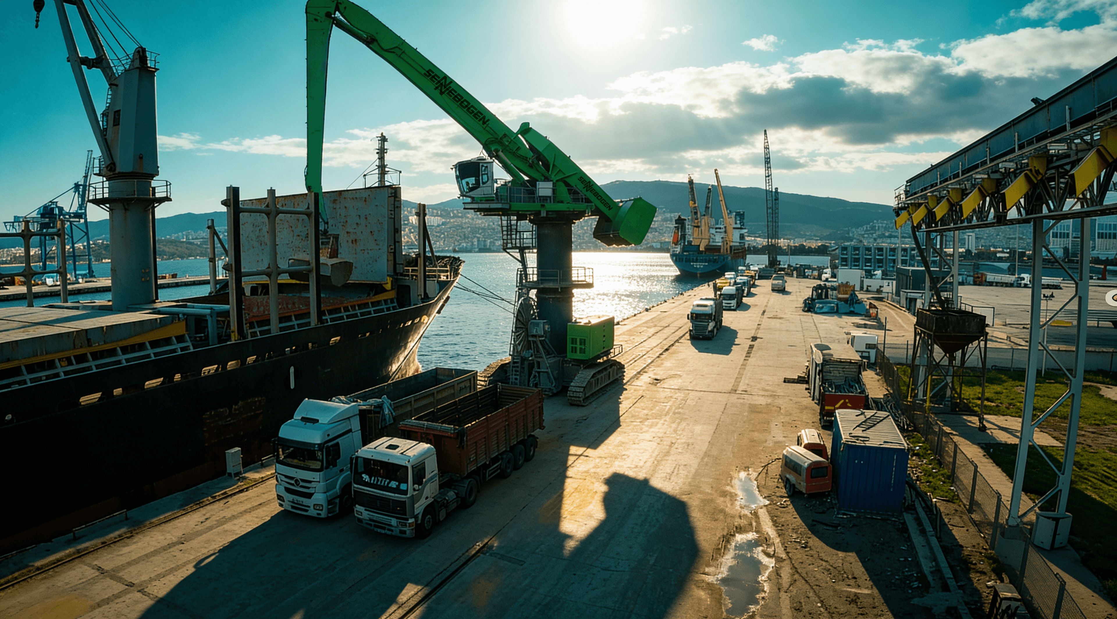 SENNEBOGEN material handler at an Indian port terminal with vessels and trucks