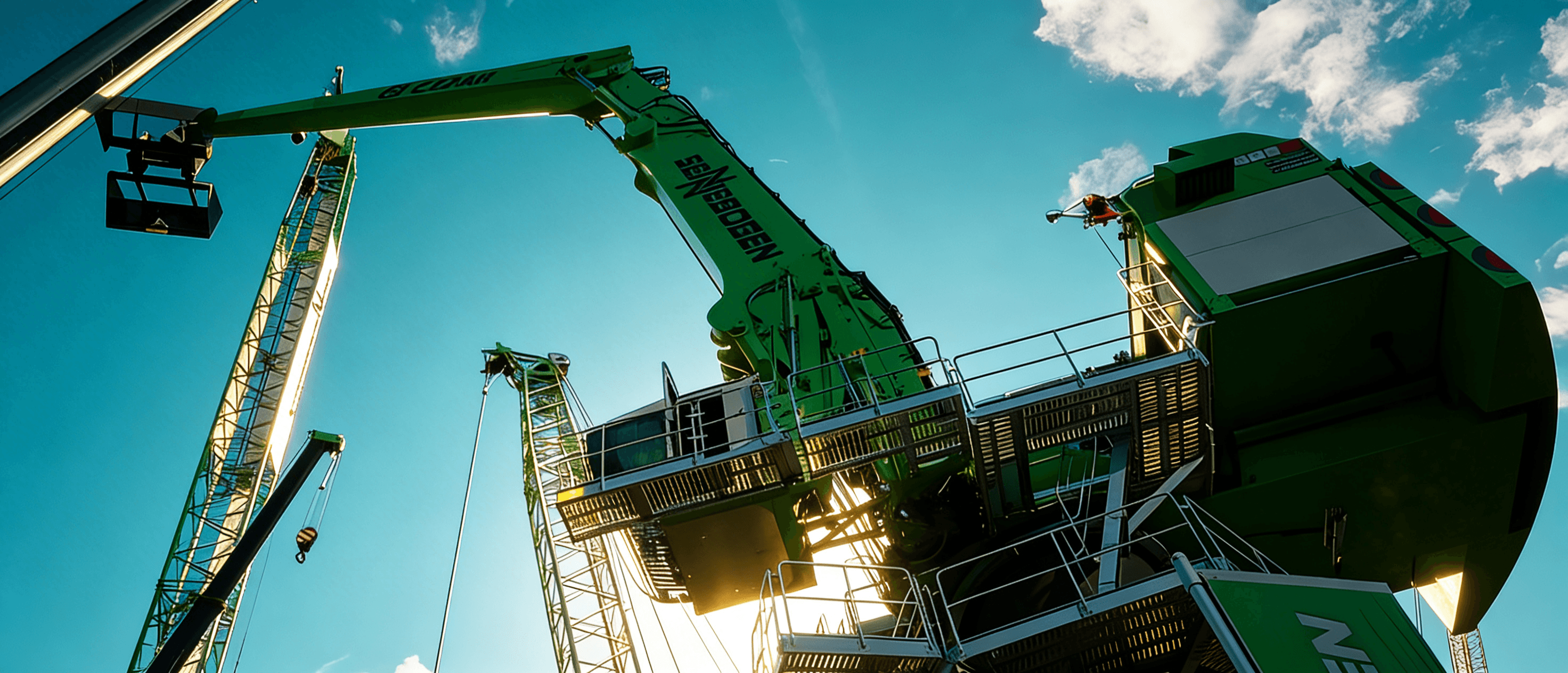 SENNEBOGEN material handler viewed from below against a bright sky